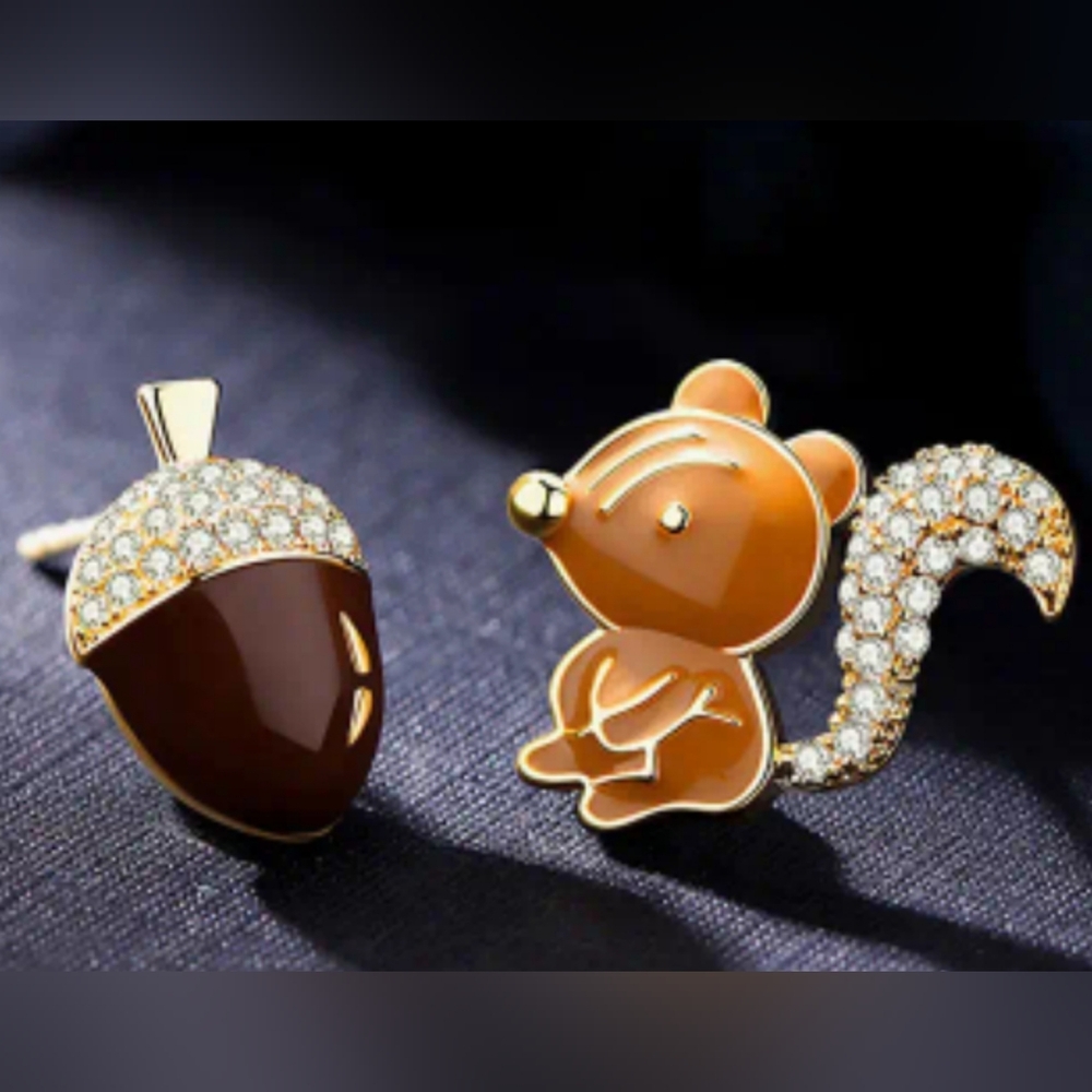 Squirrel Studded Brown‎ Tan Animal Print Earrings